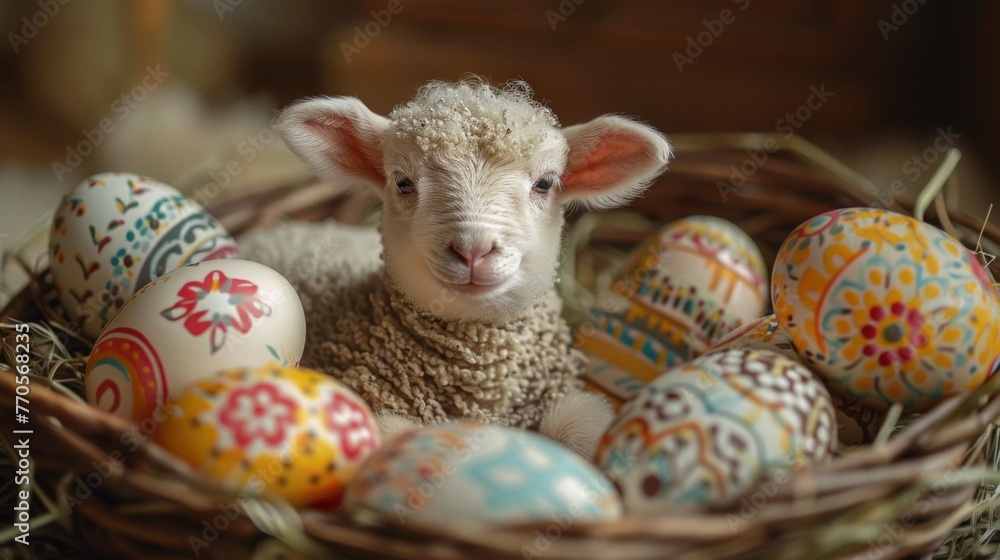 Poster a lamb rests calmly inside a wicker basket filled with colorful easter eggs, creating a festive and 