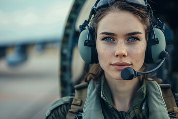 Portrait of a young woman fighter plane pilot, symbolizing the advancement of gender equality within historically male-dominated domains