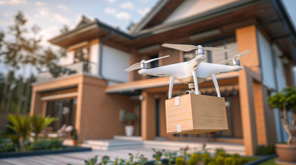 Drone landing gently to deliver a package at a cozy suburban house. Modern home delivery concept