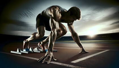 Track Runner at Starting Blocks Ready to Sprint Concept of New Beginnings, Ambition, and Competitive Edge