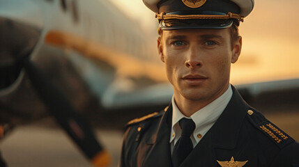 Portrait of a handsome confident young male pilot standing in front of an airplane at the airport