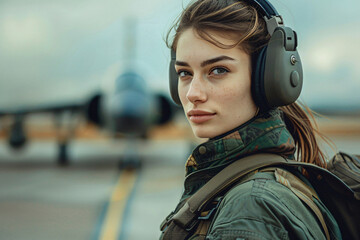 Portrait of a young female fighter plane pilot. Gender equality in traditionally male-dominated fields concept