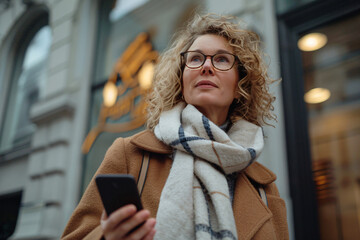 Elegant middle-aged woman walking through the streets of a big city, phone in hand