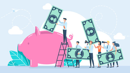 Saving money financial concept. Money saving. Tiny people inserting cash into piggy bank, getting and investing income. Investment success, safe economical fund deposit strategy. Flat illustration - obrazy, fototapety, plakaty
