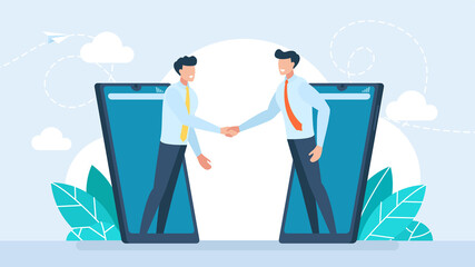 Online Communication. Online agreement or contract. Business people shaking hands through display of a phone. Businessmen shaking hands. Successful negotiations. Distant meeting. Flat illustration