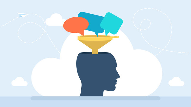 Thought bubbles enter the head through the crow. The influence of others on a person's thinking. Belief. Brain, funnel, human head silhouette. Thinking, faith. Flat illustration