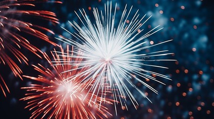 Close-up of intricately detailed firework explosion with vibrant colors and patterns. Celebrating 4th of july american flag - obrazy, fototapety, plakaty