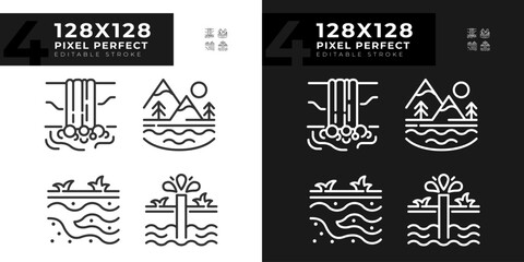 Natural water bodies linear icons set for dark, light mode. Natural resources. Scenic view. Groundwater. Thin line symbols for night, day theme. Isolated illustrations. Editable stroke. Pixel perfect