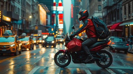 A man confidently rides a motorcycle down a bustling city street, surrounded by urban buildings and traffic.
