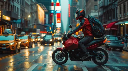Foto op Plexiglas A man confidently rides a motorcycle down a bustling city street, surrounded by urban buildings and traffic. © Vitalii But