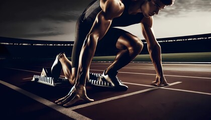 Track Runner at Starting Blocks Ready to Sprint Concept of New Beginnings, Ambition, and Competitive Edge - obrazy, fototapety, plakaty