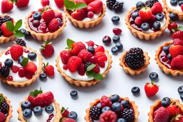 Set of tasty sweet tartlets with fresh berries on a white background