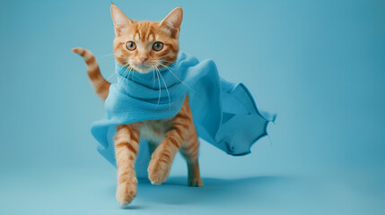 superhero cat, Cute orange tabby kitty with a blue cloak and mask jumping and flying on light blue background with copy space. The concept of a superhero, super cat, leader, funny animal studio shot