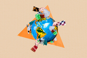 Trend artwork composite sketch 3D photo collage of silhouette three hands pull on globe earth trash...