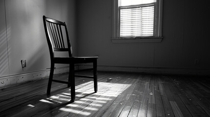 An empty room with a single chair and remnants of addiction scattered around signifying absence.