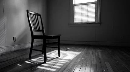 Foto op Canvas An empty room with a single chair and remnants of addiction scattered around signifying absence. © Kristin