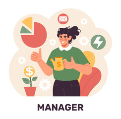 Corporate work. Business people. Woman watering money tree. Manager office job. Financial investment growth diagrams. Successful businesswoman. Economy profit chart. Startup management. Vector concept