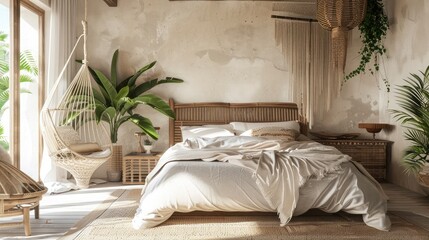 Country wooden bedroom close up in boho style in white and beige tones. Bed, hanging chair and potted plants