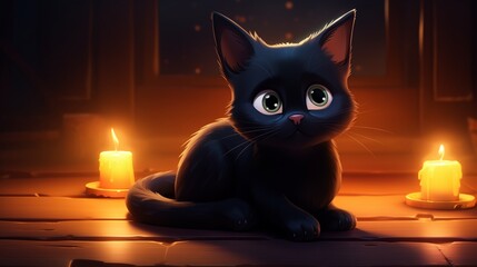 A captivating HD 2D animation featuring a charming black cat with large luminous eyes, blinking softly and occasionally opening its mouth with adorable innocence.