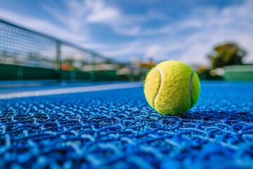 Close-up of a bright yellow tennis ball on a textured blue court with the net in the background, perfect for sports and active lifestyle themes. - obrazy, fototapety, plakaty
