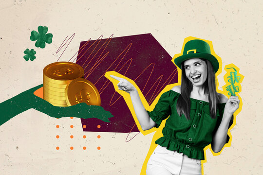 Creative abstract template collage of female st patrick holiday day point money green clover leaf symbol bizarre unusual fantasy billboard - Powered by Adobe