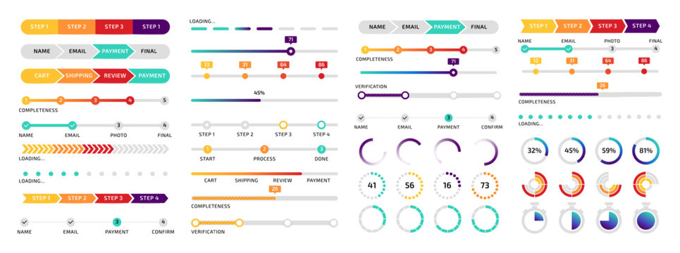 Infographic design. Circle and line processing charts. Sequence steps. Loading diagram with percent numbers. Business presentation. Statistic scheme. Vector progressive data indicator elements set - Powered by Adobe