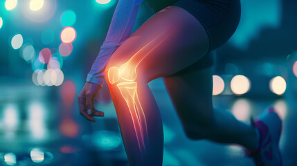 Knee pain digital composite. Highlighted knee of woman feeling discomfort while running. X-ray of knee. Generative AI