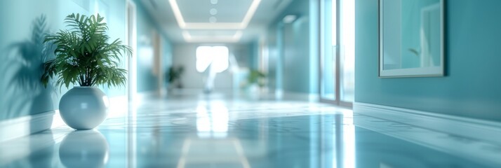 Modern hospital corridor , clinic lobby,  doctor and patient people in hospital interior,  blurred background. - obrazy, fototapety, plakaty
