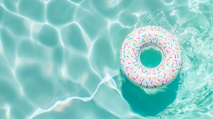 An inflatable rubber ring with a sprinkled donut motif on the shimmering water surface. Minimal summer refreshment concept. - obrazy, fototapety, plakaty