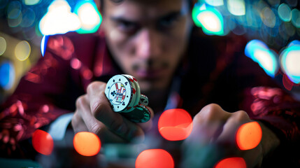 An individual hesitantly holding a gambling chip in a casino dilemma written on their face. - obrazy, fototapety, plakaty