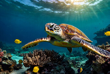 Big green sea turtle swimming among colorful coral reef in dark clear water. Marine life underwater in blue ocean. Observation animal world. Scuba diving adventure in Red sea, coast Africa