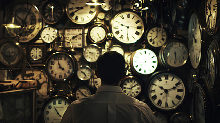 An individual in a room filled with clocks symbolizing the pressure of time and deadlines.