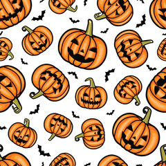 Vector Orange Scary Smiling Halloween pumpkins Seamless Pattern Repeatable Creepy Pumpkins Backdrop for Halloween Holiday repeatable and printable texture Trick or Treat Wallpaper, Wrapping Paper