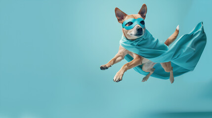 Superhero dog, Cute  with a blue cloak and mask jumping and flying on light blue background with copy space. The concept of a superhero, super dog, leader, funny animal studio shot