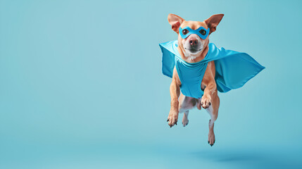 Superhero dog, Cute  with a blue cloak and mask jumping and flying on light blue background with copy space. The concept of a superhero, super dog, leader, funny animal studio shot