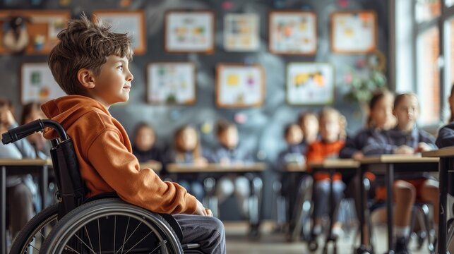 A happy handicapped child in a wheelchair in a school classroom among healthy children. An inclusive form of education