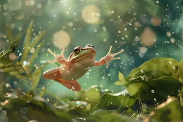Fotobehang An image of a whimsical, anthropomorphic frog gracefully mid-leap, surrounded by lush greenery and vibrant flora, evoking an enchanting and magical ambiance. © mihrzn