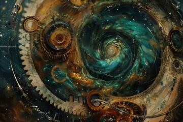 A mesmerizing fusion of celestial and earthly timekeeping is formed by the interweaving of cosmic phenomena and clock mechanics in an abstract portrayal of time.