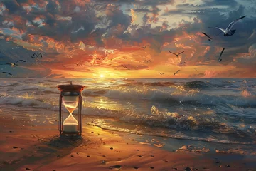 Foto op Canvas An hourglass stands alone on a quiet beach at sunset, with gentle waves. © mihrzn