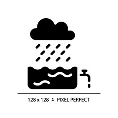 Rain water black glyph icon. Water collection and conservation. Sustainable living. Harvesting rainwater. Silhouette symbol on white space. Solid pictogram. Vector isolated illustration. Pixel perfect