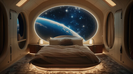 Outer space cruise. Luxurious spaceship traveling to stars, space hotel room with bed, panoramic windows with cosmic view of planet and stars. Big illuminator on futuristic interstellar cruise ship