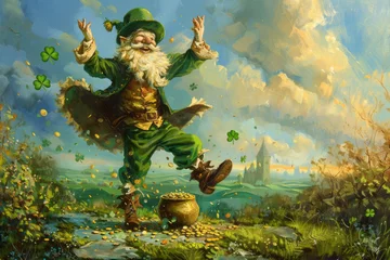 Foto op Canvas An illustration of a charming leprechaun dancing merrily around a pot of gold coins, with lush green shamrocks swaying in the breeze, set against a peaceful Irish landscape. © mihrzn
