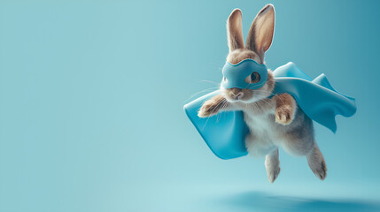 superhero rabbit  Cute with a blue cloak and mask jumping and flying on light blue background with copy space. The concept of a superhero  super rabbit  leader  funny animal studio shot