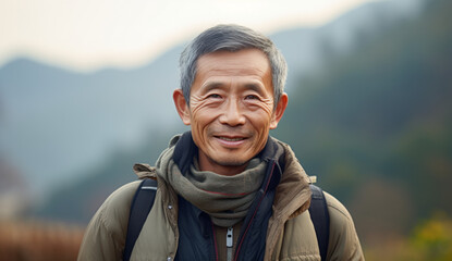 Chinese farmer Portrait photography of a Vietnamese man in his 40s against a mountain tibetan background