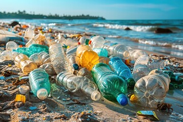 huge pile of plastic rubbish on tropical beach professional photography