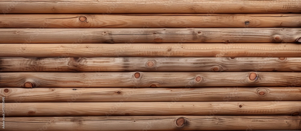 Poster a close up of a brown hardwood wall made of logs, creating a rustic pattern. the building material a