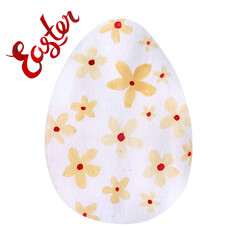 Watercolor daisy pattern egg illustration for Easter egg hunt. Hand painted lettering in red ink.
- 770576099