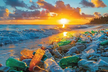 huge pile of plastic rubbish on tropical beach professional photography - obrazy, fototapety, plakaty