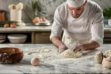 An chef adeptly kneading dough on a immaculate marble countertop, surrounded by carefully arranged baking ingredients and culinary tools. - obrazy, fototapety, plakaty