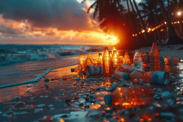 huge pile of plastic rubbish on tropical beach professional photography